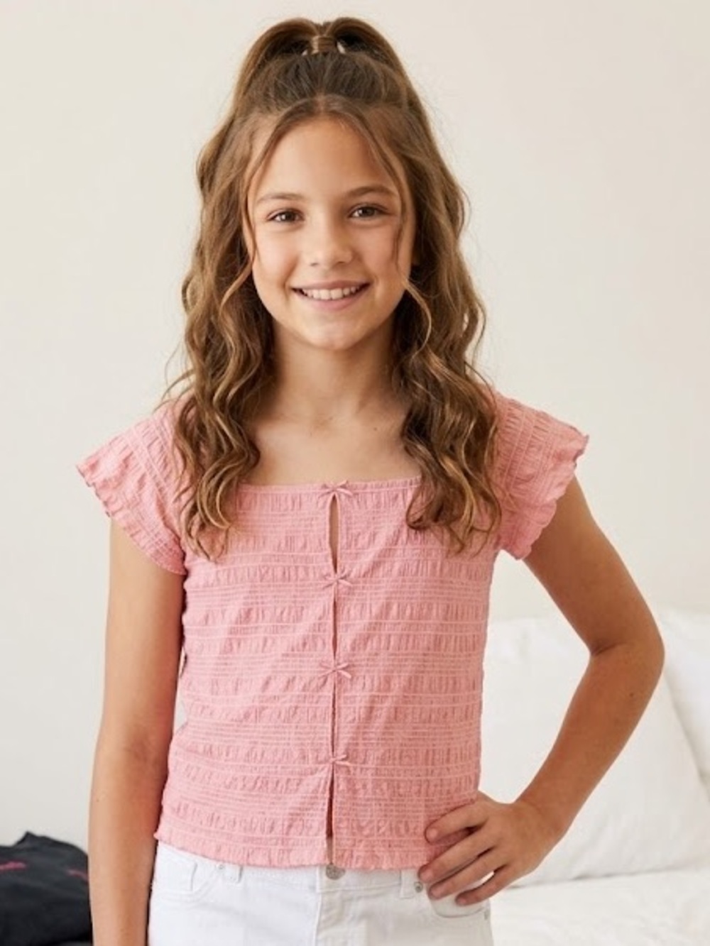 Art Class Girls Pink Crinkle Blouse Square Neck Bow Detail Size XL NWT